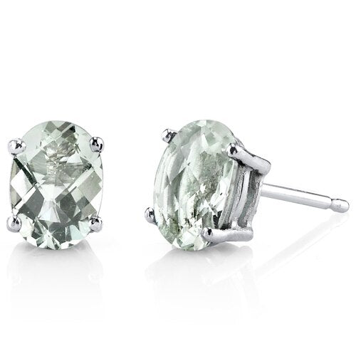 Green Amethyst Stud Earrings 14 Kt White Gold Oval 1.5 Carats