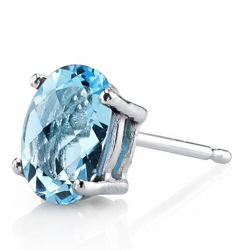 Swiss Blue Topaz Stud Earrings 14 Kt White Gold Oval 2 Carats