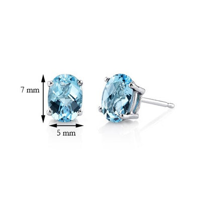 Swiss Blue Topaz Stud Earrings 14 Kt White Gold Oval 2 Carats