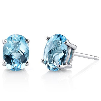 Swiss Blue Topaz Stud Earrings 14 Kt White Gold Oval 2 Carats