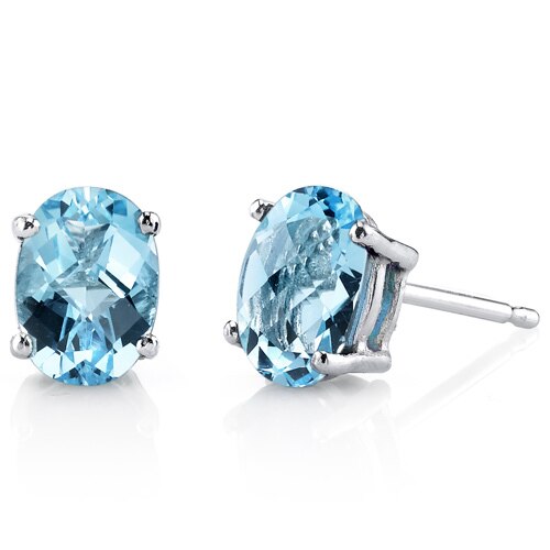 Swiss Blue Topaz Stud Earrings 14 Kt White Gold Oval 2 Carats