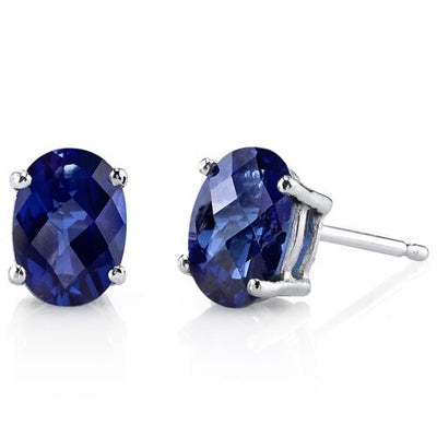 Blue Sapphire Stud Earrings 14 Karat White Gold Oval 2 Carats