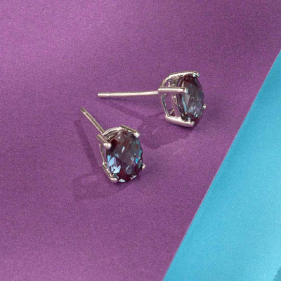 Alexandrite Stud Earrings 14 Kt White Gold Oval Shape 2 Carats