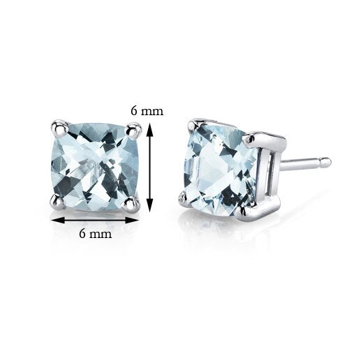 Aquamarine Stud Earrings 14 Karat White Gold Cushion Cut