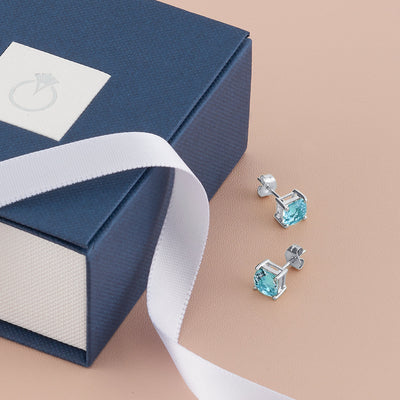 Aquamarine Stud Earrings 14 Karat White Gold Cushion Cut