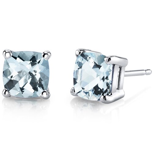 Aquamarine Stud Earrings 14 Karat White Gold Cushion Cut