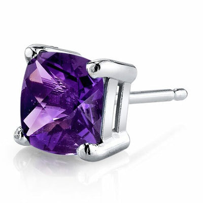 Amethyst Stud Earrings 14K White Gold Cushion Cut 1.5 Carats