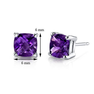 Amethyst Stud Earrings 14K White Gold Cushion Cut 1.5 Carats