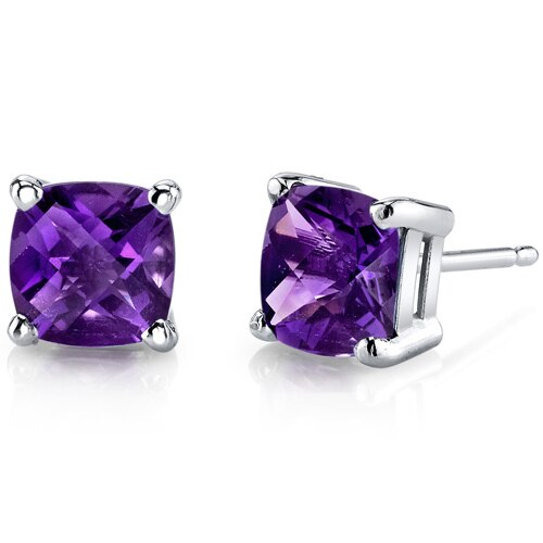 Amethyst Stud Earrings 14K White Gold Cushion Cut 1.5 Carats