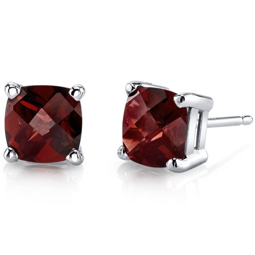 Garnet Stud Earrings 14 Kt White Gold Cushion Cut 2.5 Carats