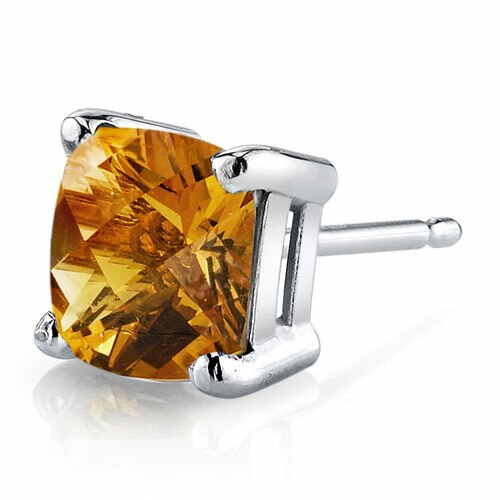 Citrine Stud Earrings 14 Kt White Gold Cushion Cut 1.75 Carat