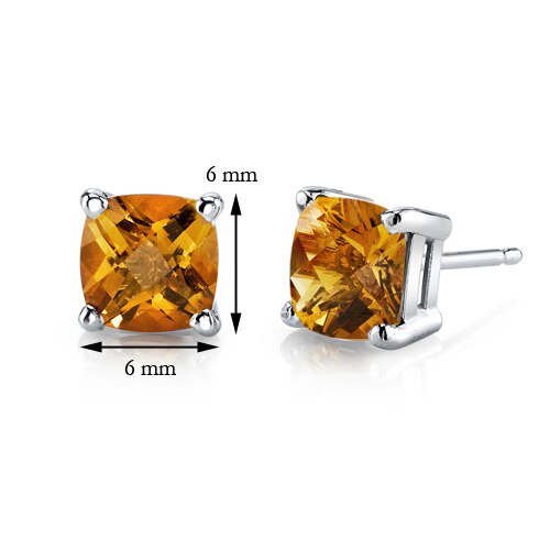 Citrine Stud Earrings 14 Kt White Gold Cushion Cut 1.75 Carat