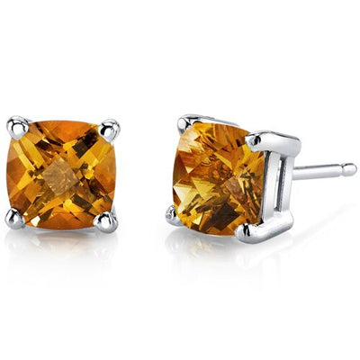 Citrine Stud Earrings 14 Kt White Gold Cushion Cut 1.75 Carat