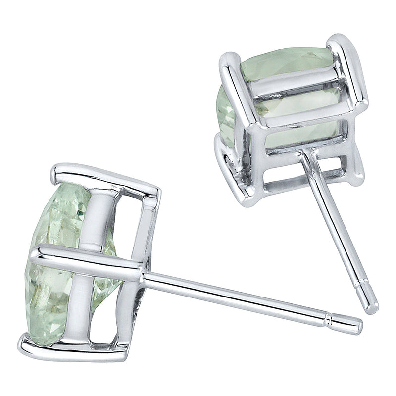 Green Amethyst Stud Earrings 14 Karat White Gold Cushion Cut