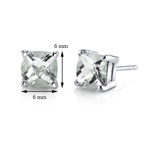 Green Amethyst Stud Earrings 14 Karat White Gold Cushion Cut