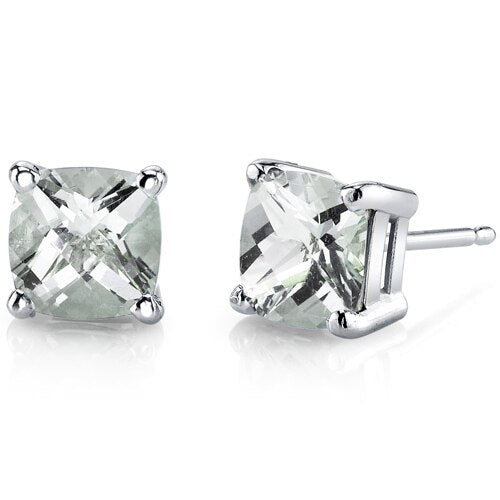 Green Amethyst Stud Earrings 14 Karat White Gold Cushion Cut