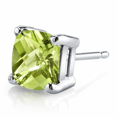 Peridot Stud Earrings 14 Kt White Gold Cushion Cut 2.25 Carats