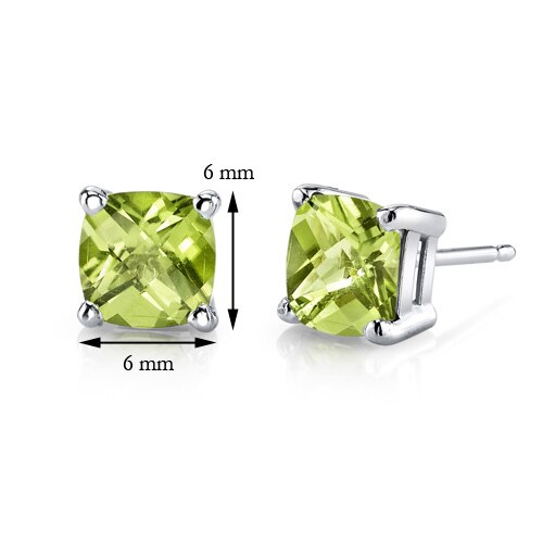 Peridot Stud Earrings 14 Kt White Gold Cushion Cut 2.25 Carats