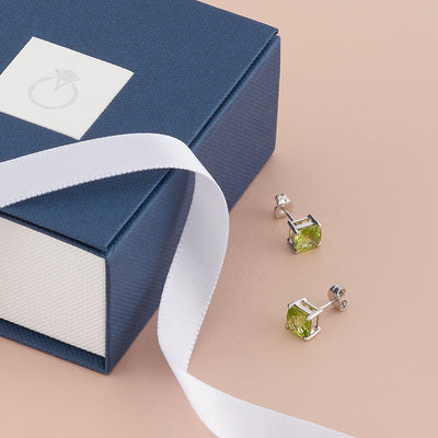 Peridot Stud Earrings 14 Kt White Gold Cushion Cut 2.25 Carats