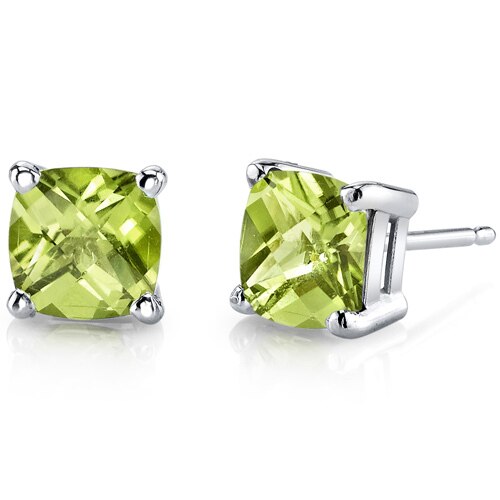 Peridot Stud Earrings 14 Kt White Gold Cushion Cut 2.25 Carats