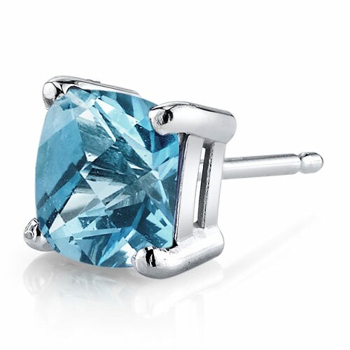 Swiss Blue Topaz Stud Earrings 14 Karat White Gold Cushion Cut