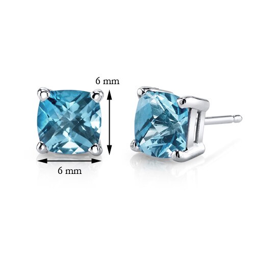 Swiss Blue Topaz Stud Earrings 14 Karat White Gold Cushion Cut