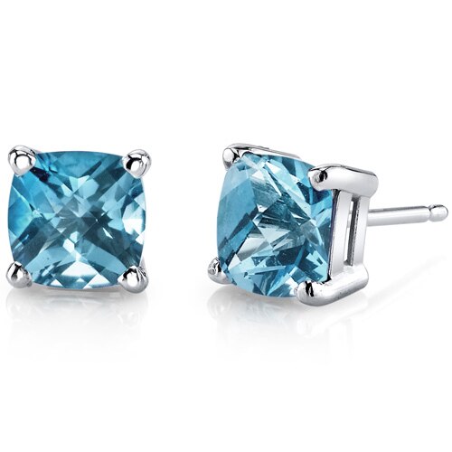 Swiss Blue Topaz Stud Earrings 14 Karat White Gold Cushion Cut