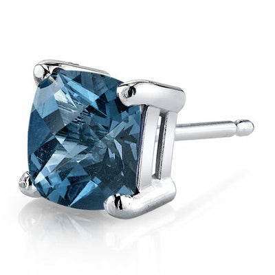 London Blue Topaz Stud Earrings 14 Karat White Gold Cushion Cut