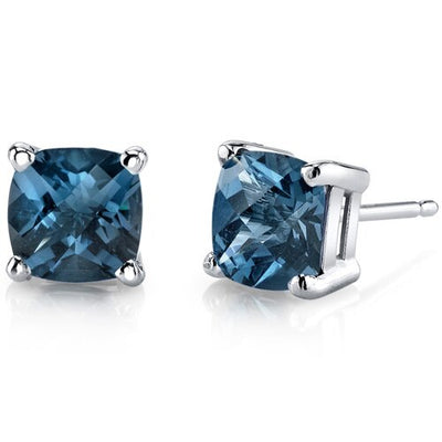 London Blue Topaz Stud Earrings 14 Karat White Gold Cushion Cut