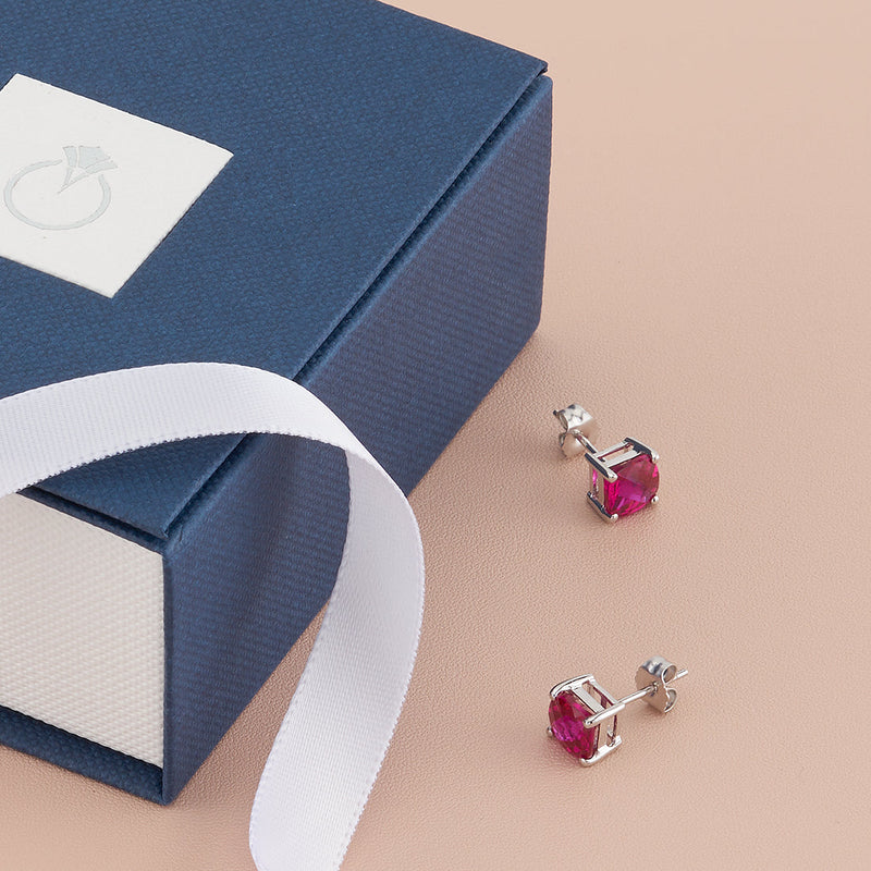 Ruby Stud Earrings 14 Karat White Gold Cushion Cut 2.5 Carats