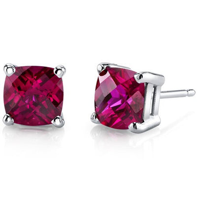 Ruby Stud Earrings 14 Karat White Gold Cushion Cut 2.5 Carats