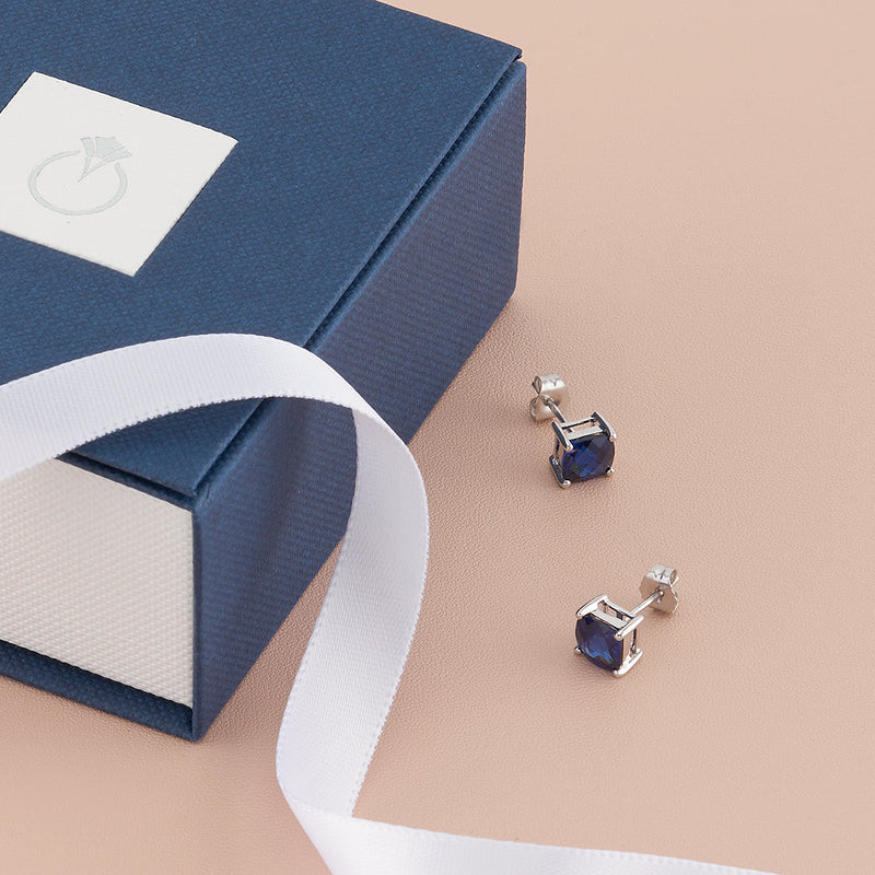 Blue Sapphire Stud Earrings 14 Karat White Gold Cushion Cut