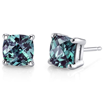 Alexandrite Cushion Cut Stud Earrings and Pendant 14K White Gold 3.5 ctw Gift Set