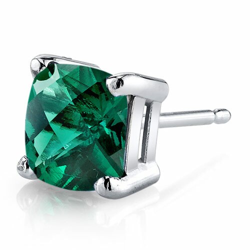 Emerald Stud Earrings 14 Kt White Gold Cushion Cut 1.75 Carats