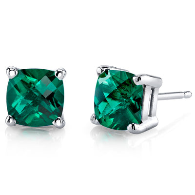 Emerald Stud Earrings 14 Kt White Gold Cushion Cut 1.75 Carats