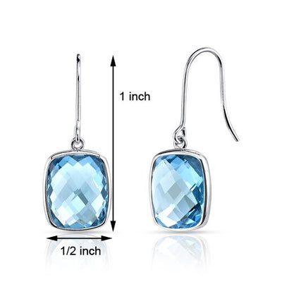 Swiss Blue Topaz Earrings 14 Kt White Gold Cushion 10 Cts