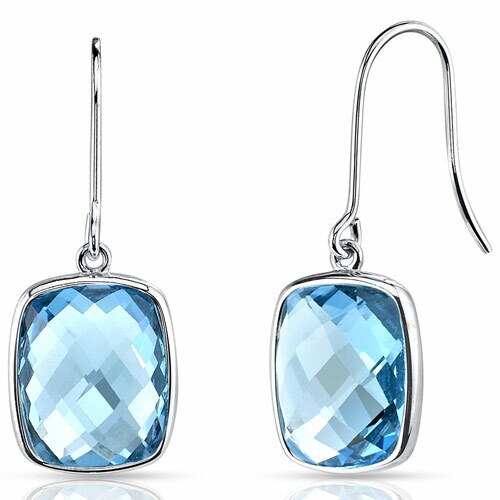 Swiss Blue Topaz Earrings 14 Kt White Gold Cushion 10 Cts