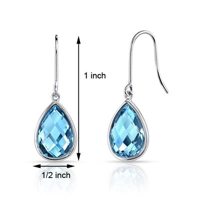 Swiss Blue Topaz Earrings 14 Kt White Gold Pear Shape 7.5 Cts