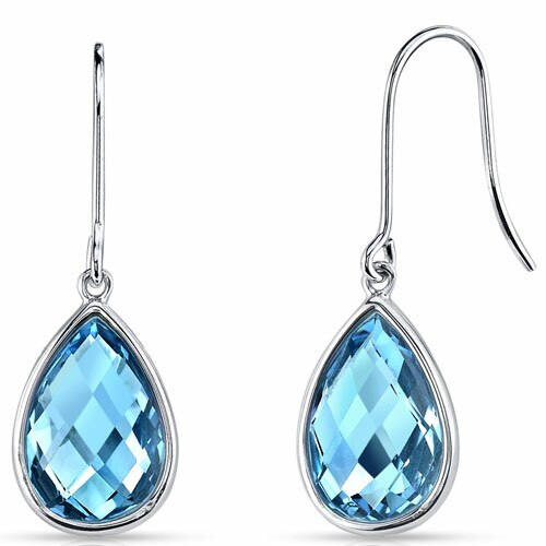 Swiss Blue Topaz Earrings 14 Kt White Gold Pear Shape 7.5 Cts