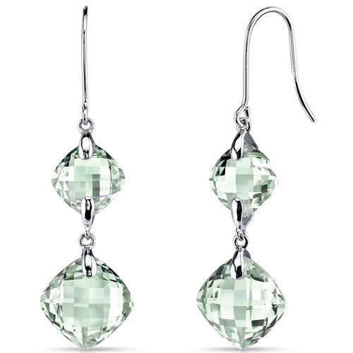 Green Amethyst Earrings 14 Kt White Gold Cushion Cut 11.5 Cts