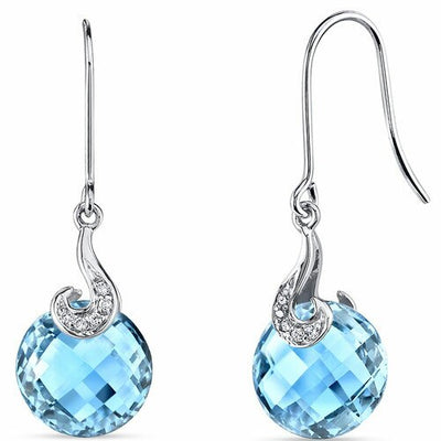 Swiss Blue Topaz Earrings 14 Kt White Gold Round Shape 9.25 Cts