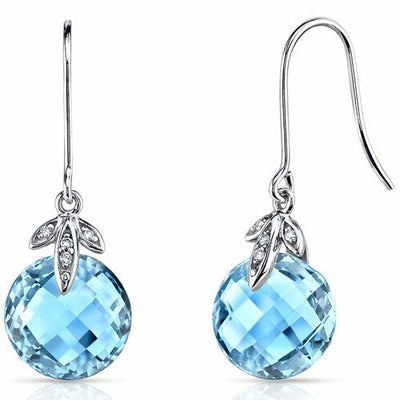 Swiss Blue Topaz Earrings 14 Kt White Gold Round Shape 9.25 Cts