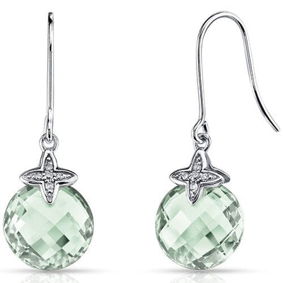 Green Amethyst Earrings 14 Kt White Gold Round Shape 6.75 Cts