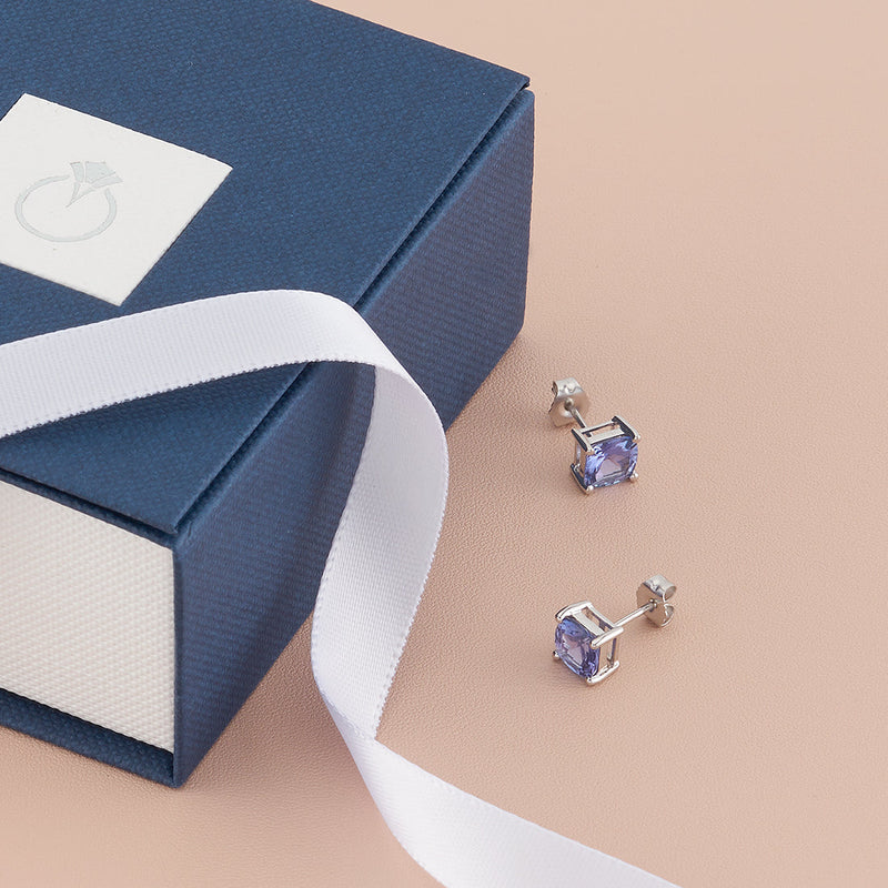 14 Karat White Gold Cushion Cut 2.00 Carats Tanzanite Stud Earrings