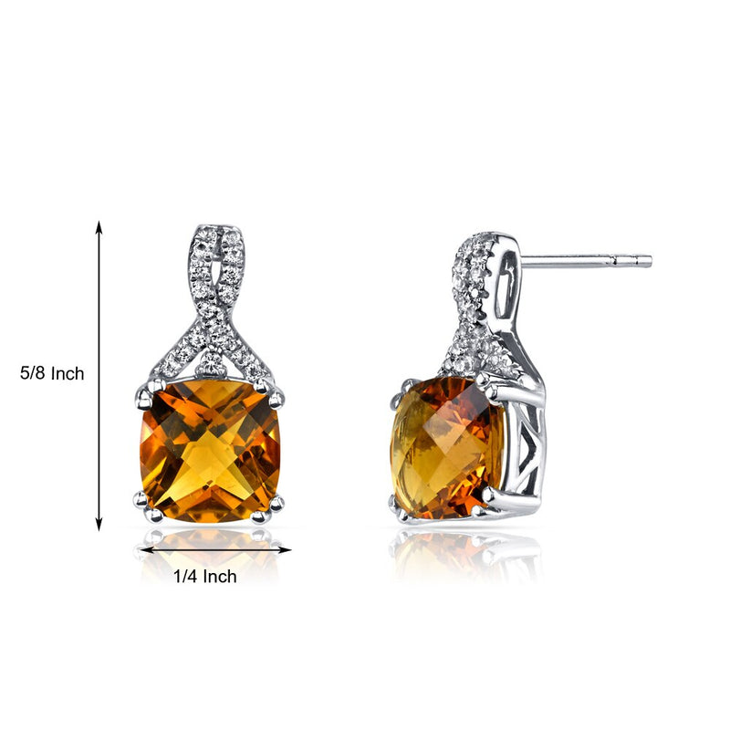 14K White Gold Citrine Earrings Ribbon Design Cushion Cut 4.00 Carats