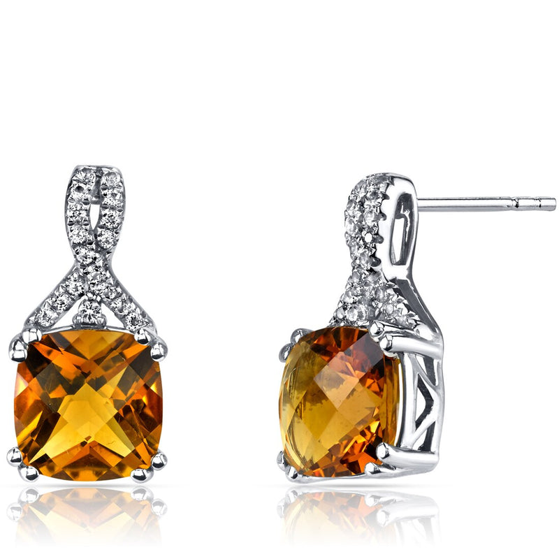 14K White Gold Citrine Earrings Ribbon Design Cushion Cut 4.00 Carats