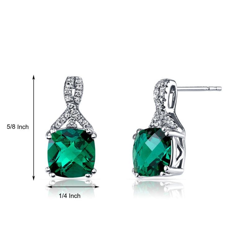 14K White Gold Created Emerald Earrings Ribbon Design Cushion Cut 3.50 Carats