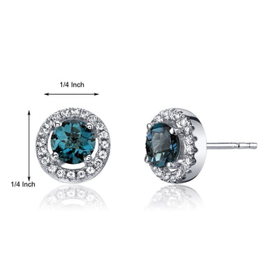 14K White Gold London Blue Topaz Halo Earrings Round Checkerboard Cut 1.00 Carats