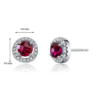 14K White Gold Created Ruby Halo Earrings Round Checkerboard Cut 1.25 Carats