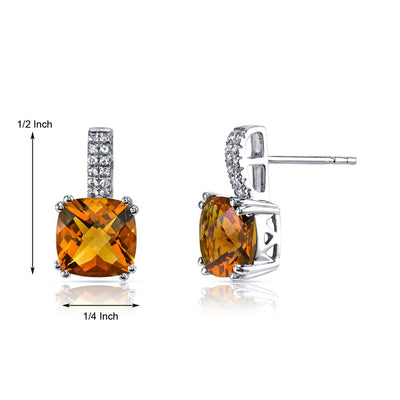 14K White Gold Citrine Earrings Cushion Checkerboard Cut 4.00 Carats